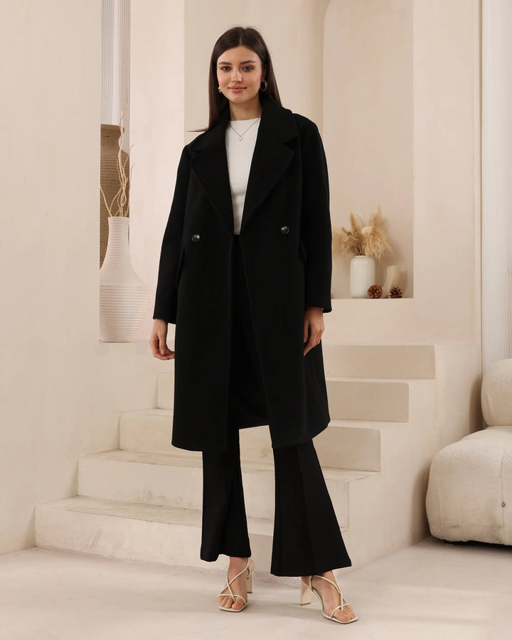 Double-Breasted Long Wool-Blend Coat — Black