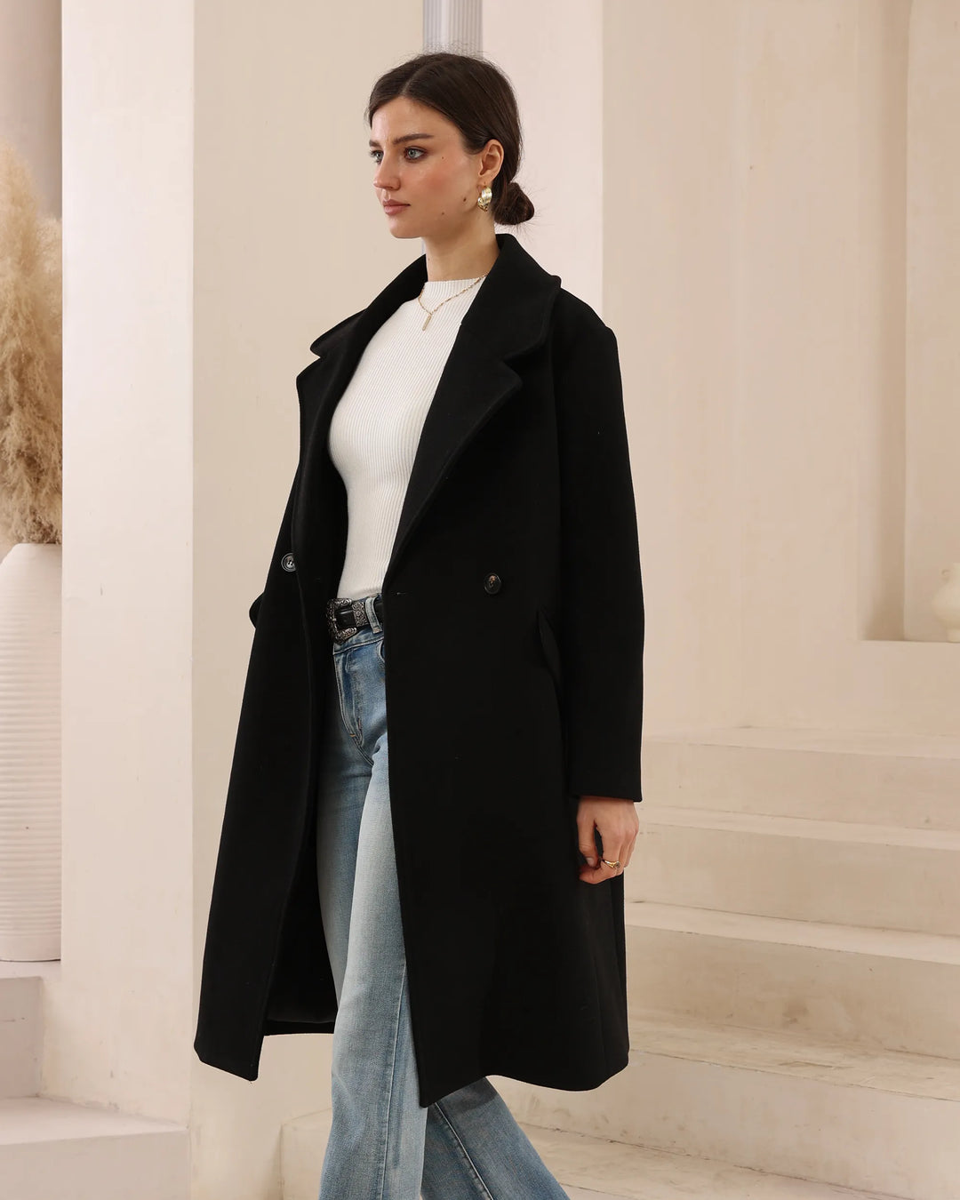 Double-Breasted Long Wool-Blend Coat — Black