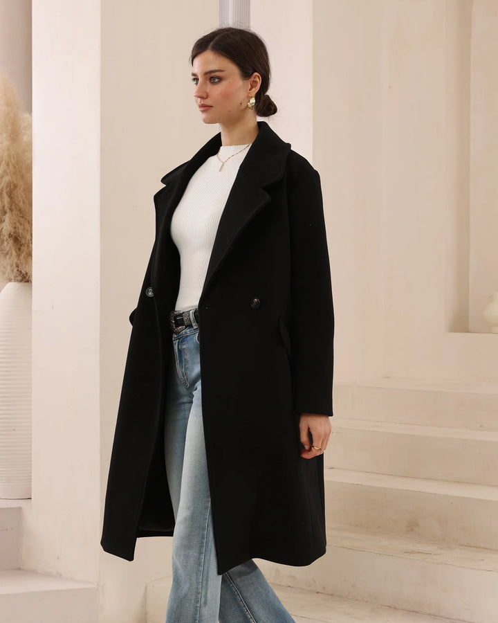 Double-Breasted Long Wool-Blend Coat — Black
