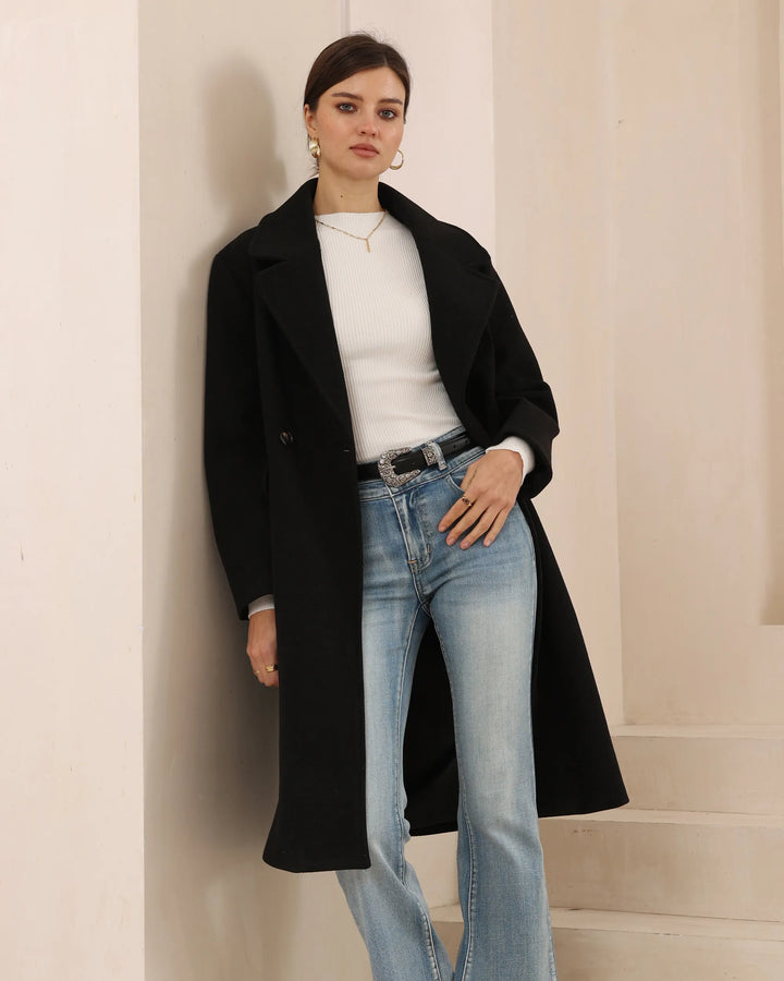 Double-Breasted Long Wool-Blend Coat — Black