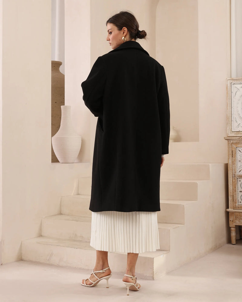 Double-Breasted Long Wool-Blend Coat — Black