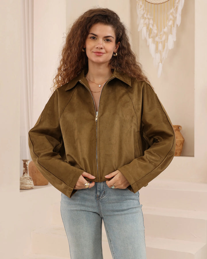 Suede-Look Cropped Bomber Jacket — Olive