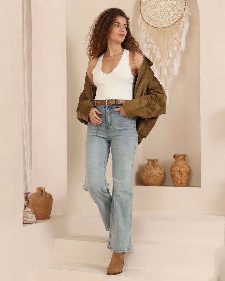 Suede-Look Cropped Bomber Jacket — Olive