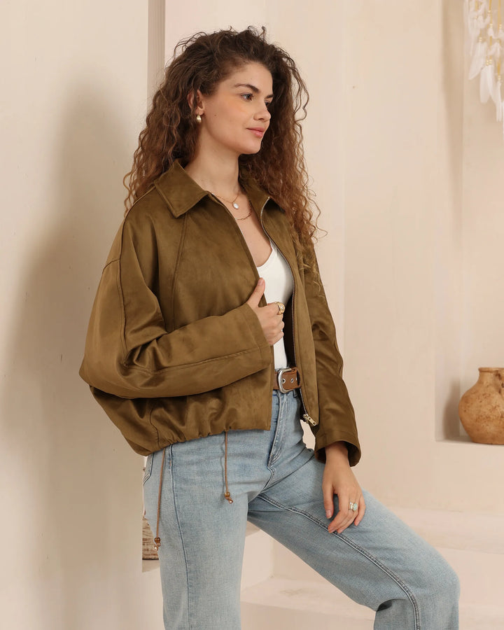 Suede-Look Cropped Bomber Jacket — Olive