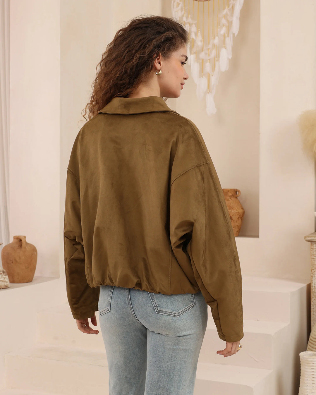 Suede-Look Cropped Bomber Jacket — Olive