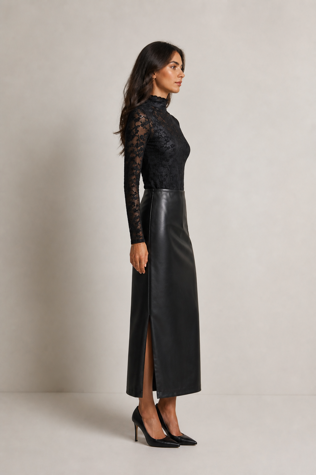 Faux Leather Pencil Midi Skirt — Black