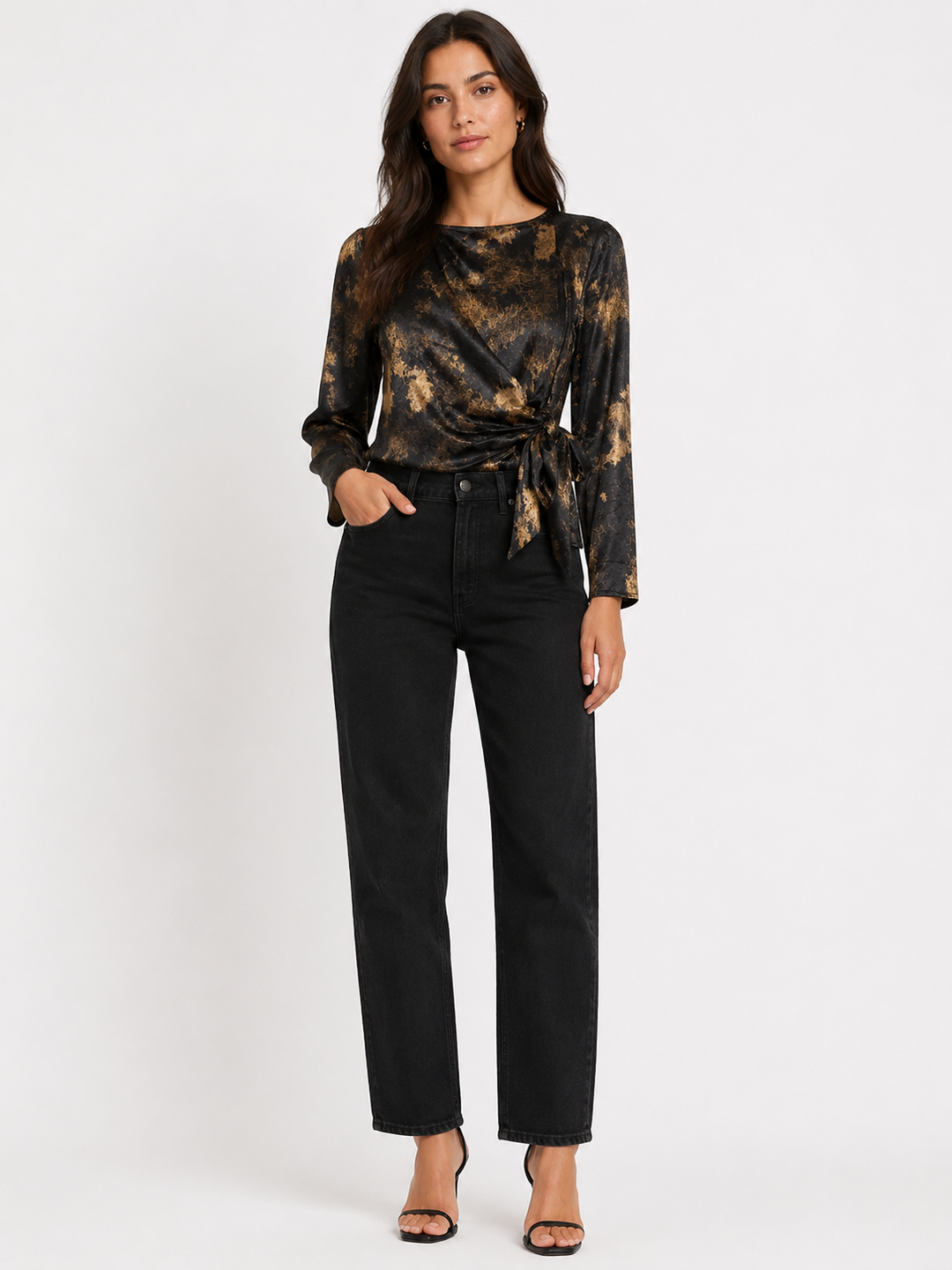 Printed Wrap Blouse with Side Tie — Black