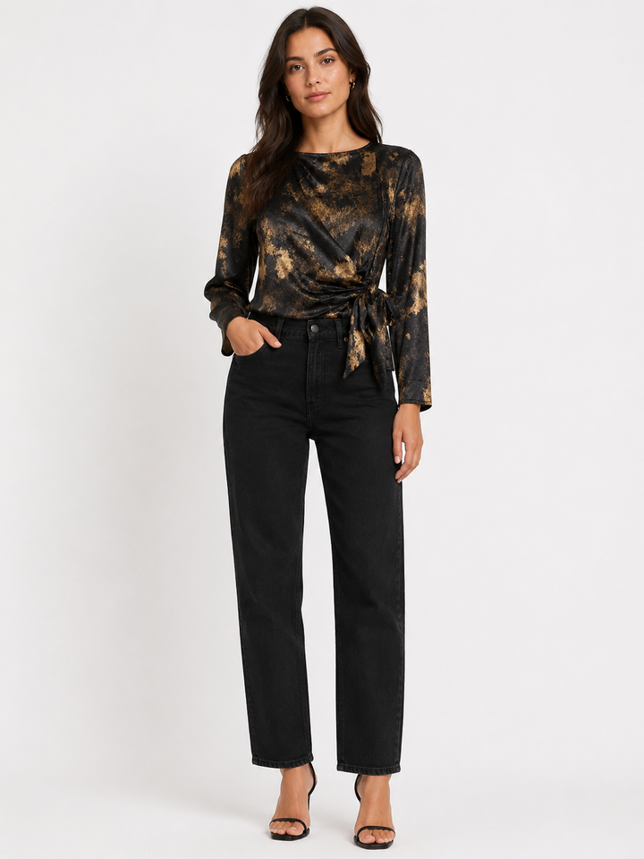 Printed Wrap Blouse with Side Tie — Black