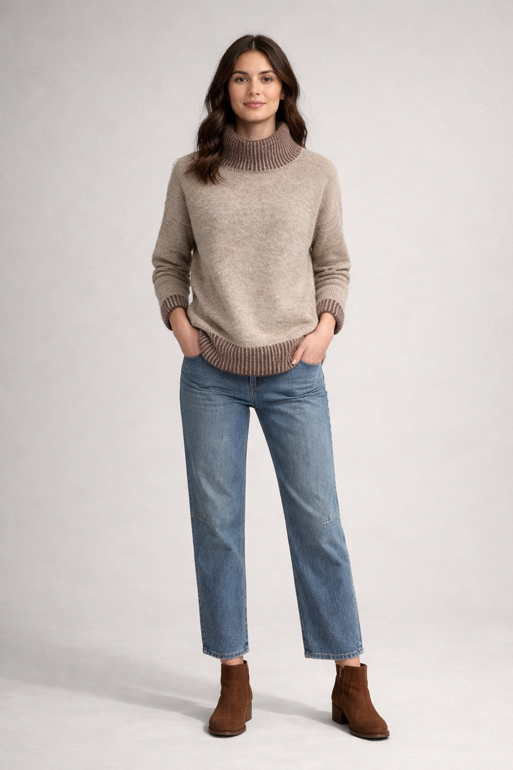 Contrast-Trim Turtleneck Sweater — Mocha