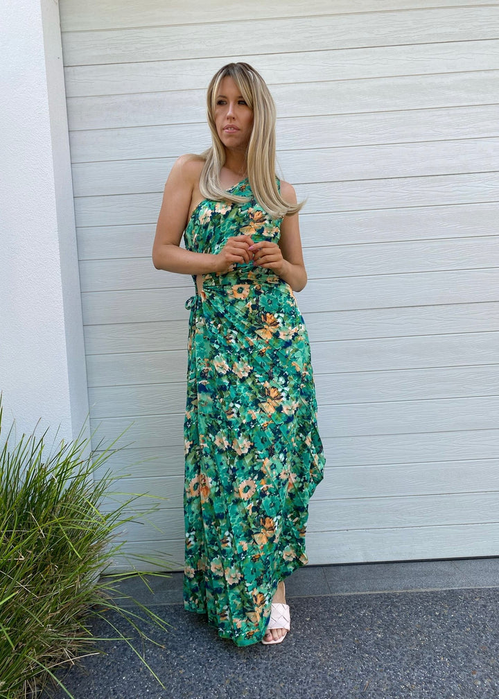 Camelia pleat dress - green and orange floral print