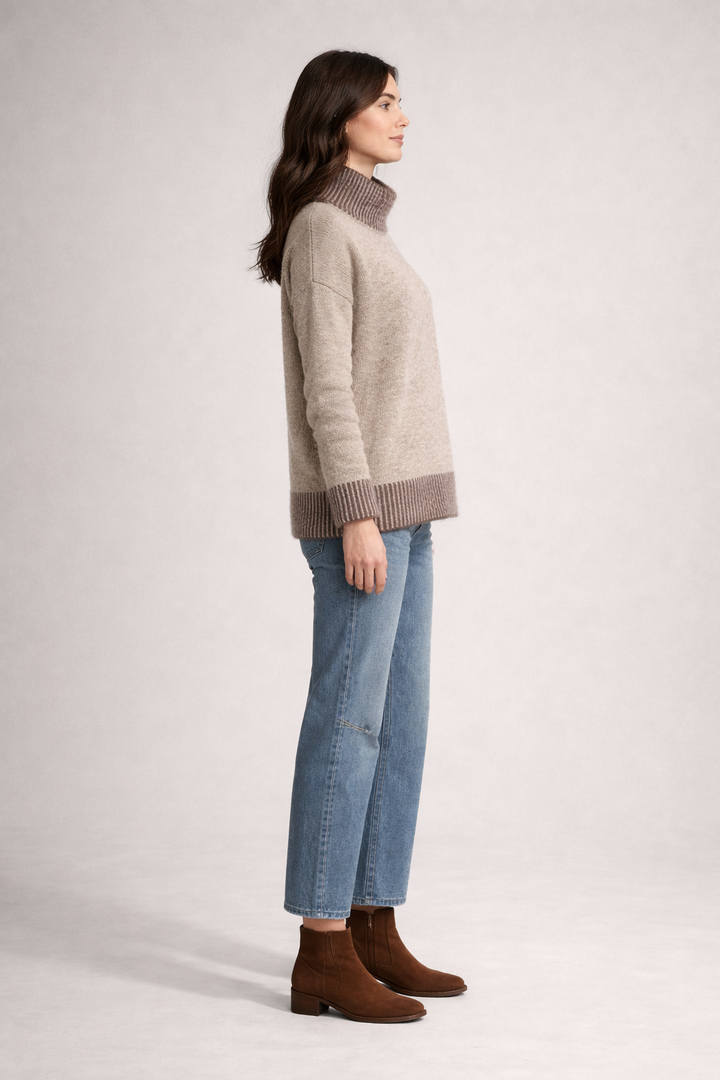 Contrast-Trim Turtleneck Sweater — Mocha