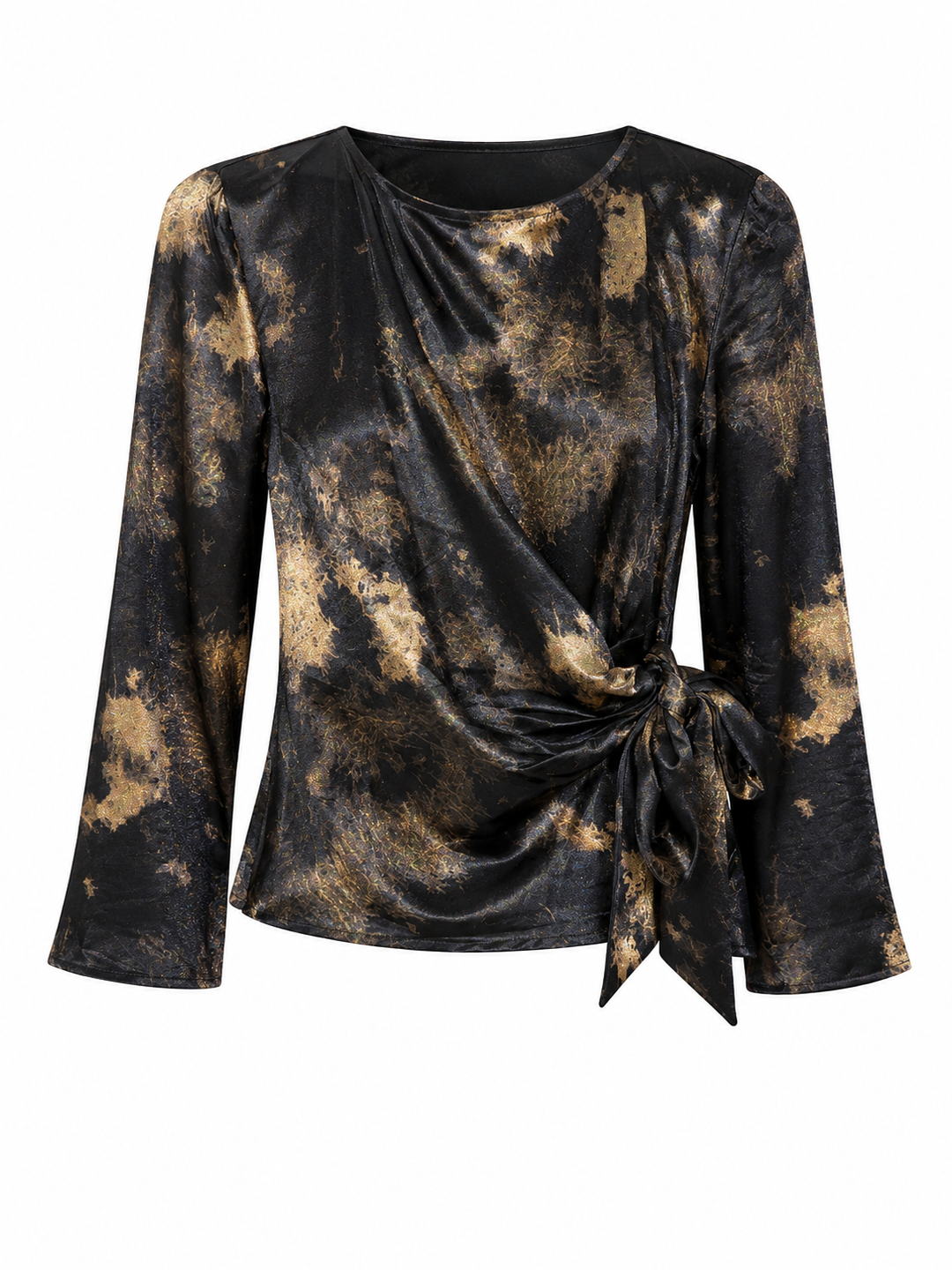 Printed Wrap Blouse with Side Tie — Black