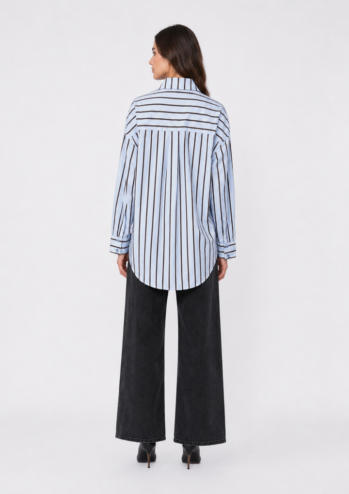 Oversized Striped Button-Up Shirt — Blue