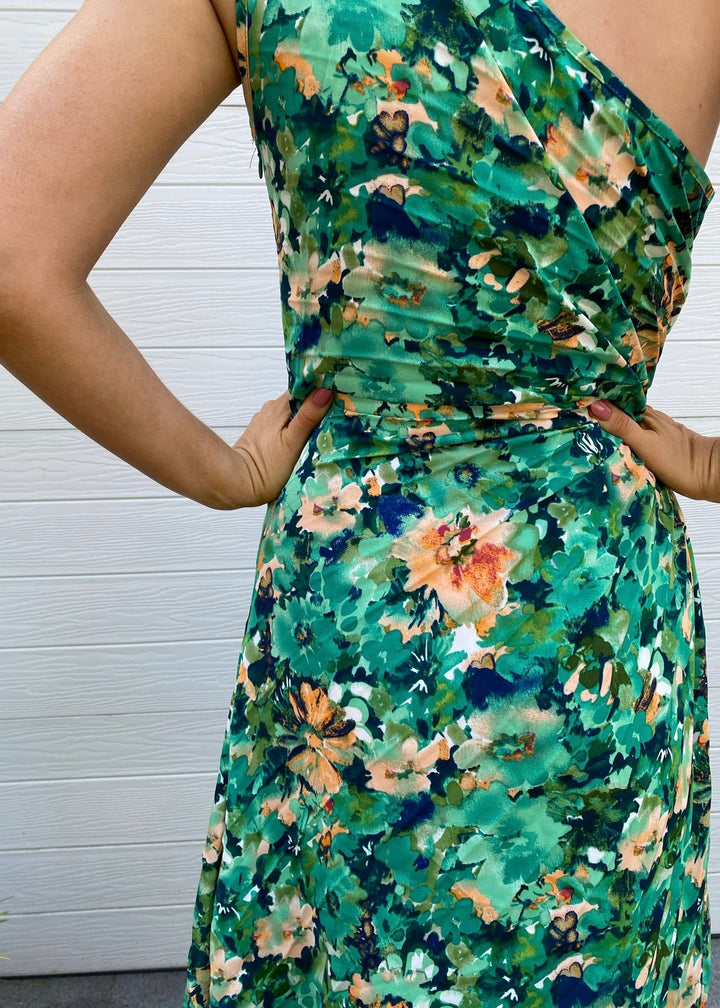 Camelia pleat dress - green and orange floral print