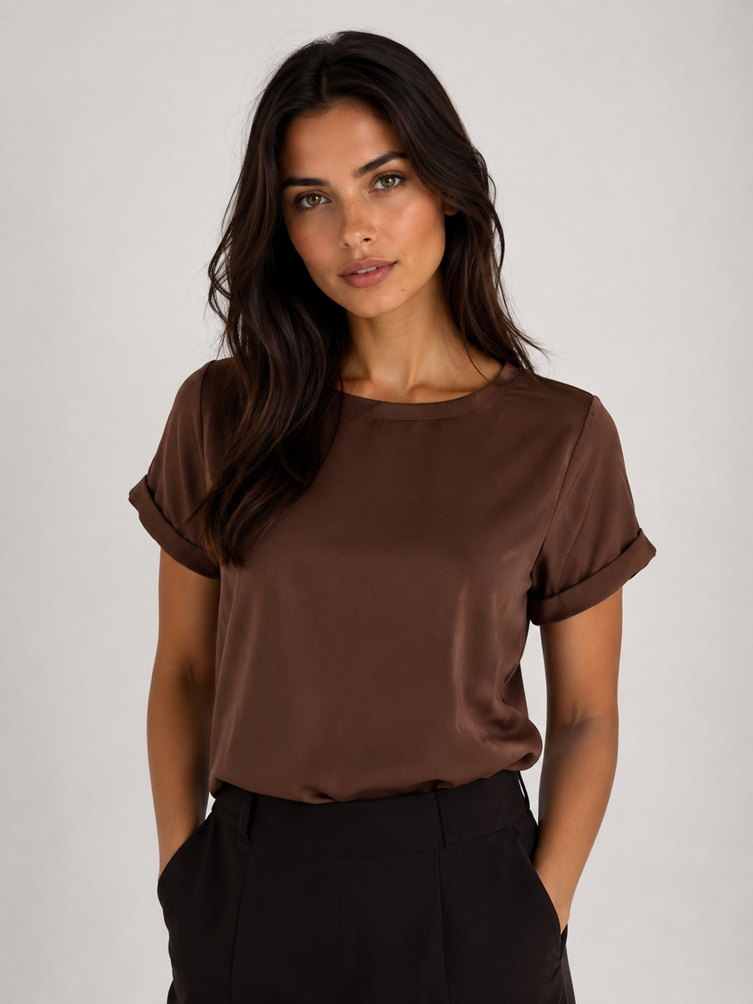 Satin Crew Neck Tee — Brown