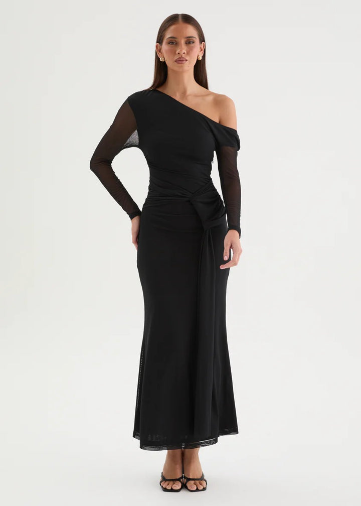 Off-Shoulder Mesh Maxi Dress — Black