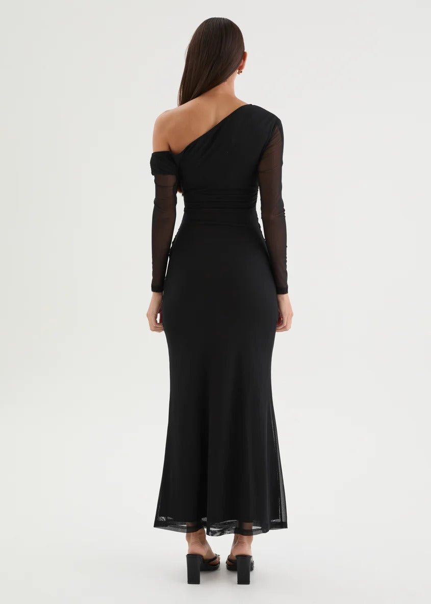 Off-Shoulder Mesh Maxi Dress — Black