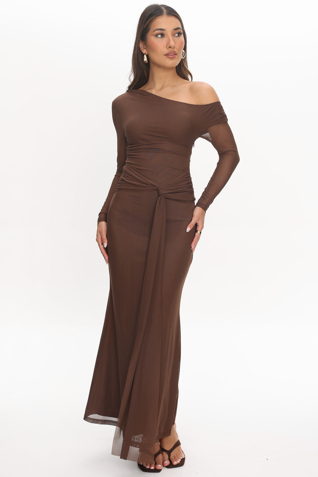 Off-Shoulder Mesh Maxi Dress — Brown