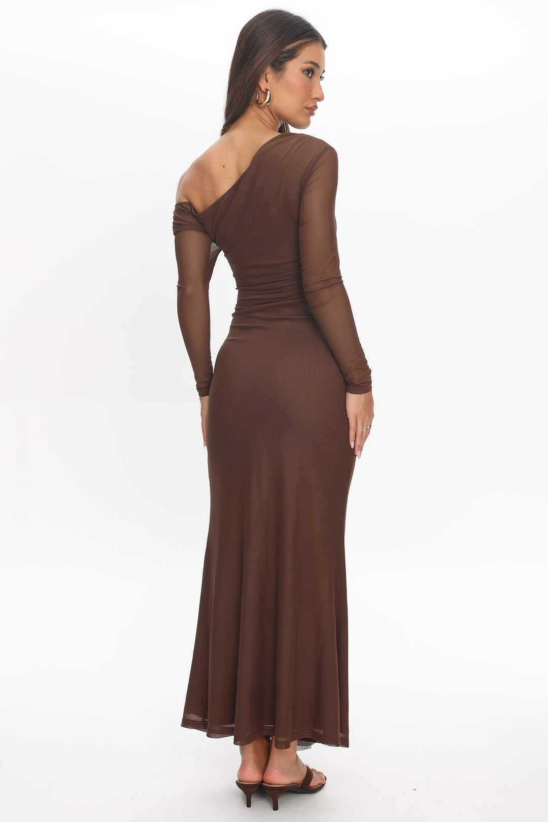 Off-Shoulder Mesh Maxi Dress — Brown