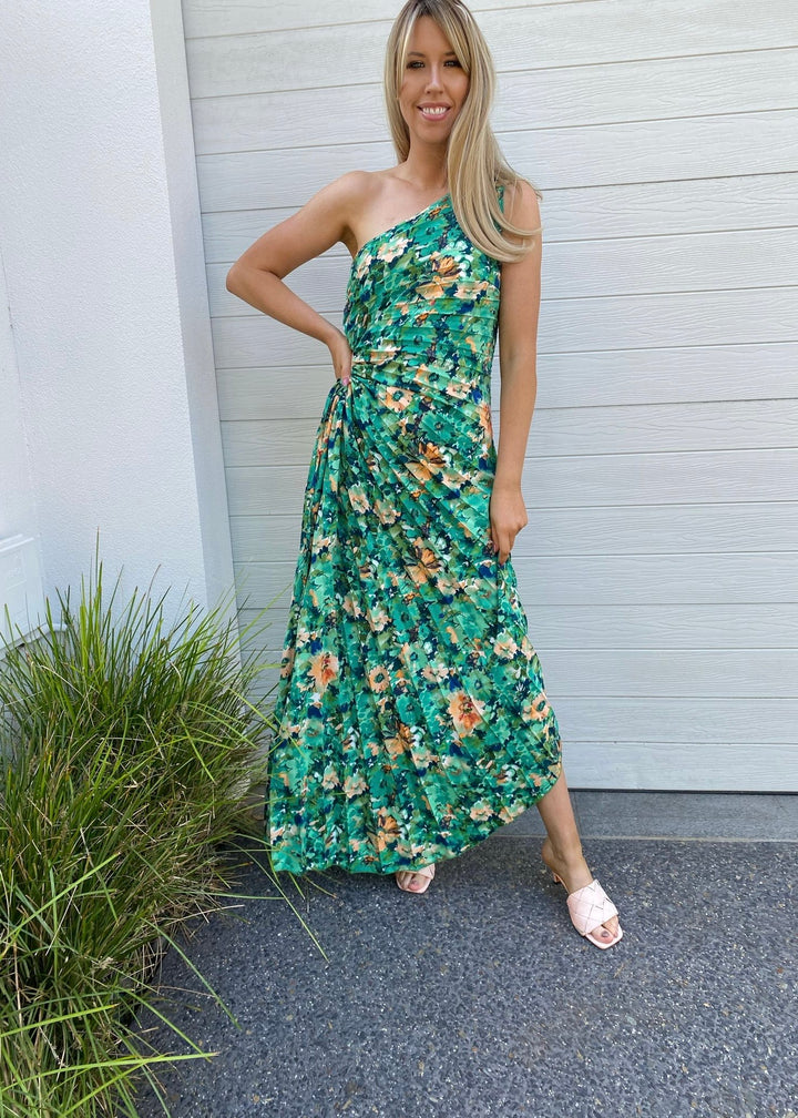 Camelia pleat dress - green and orange floral print