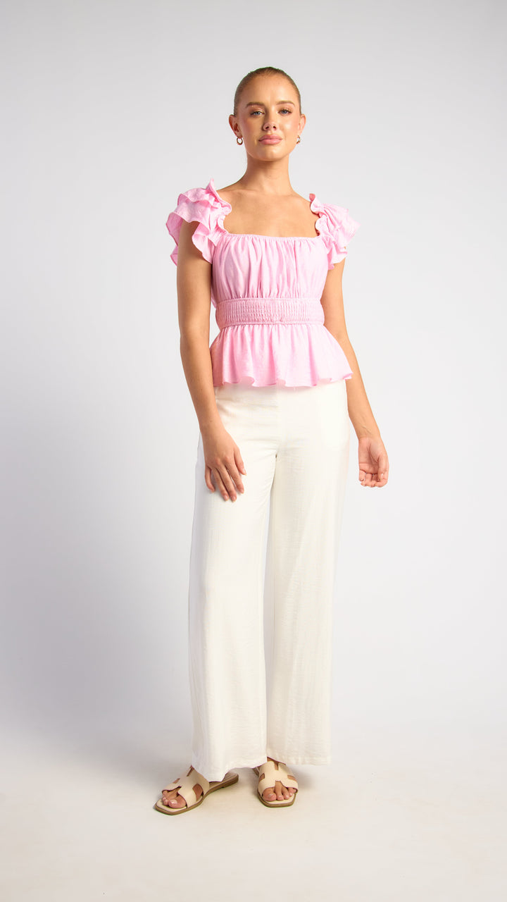 Textured Pants With Elastic Back Waist - White