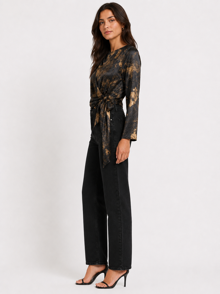 Printed Wrap Blouse with Side Tie — Black