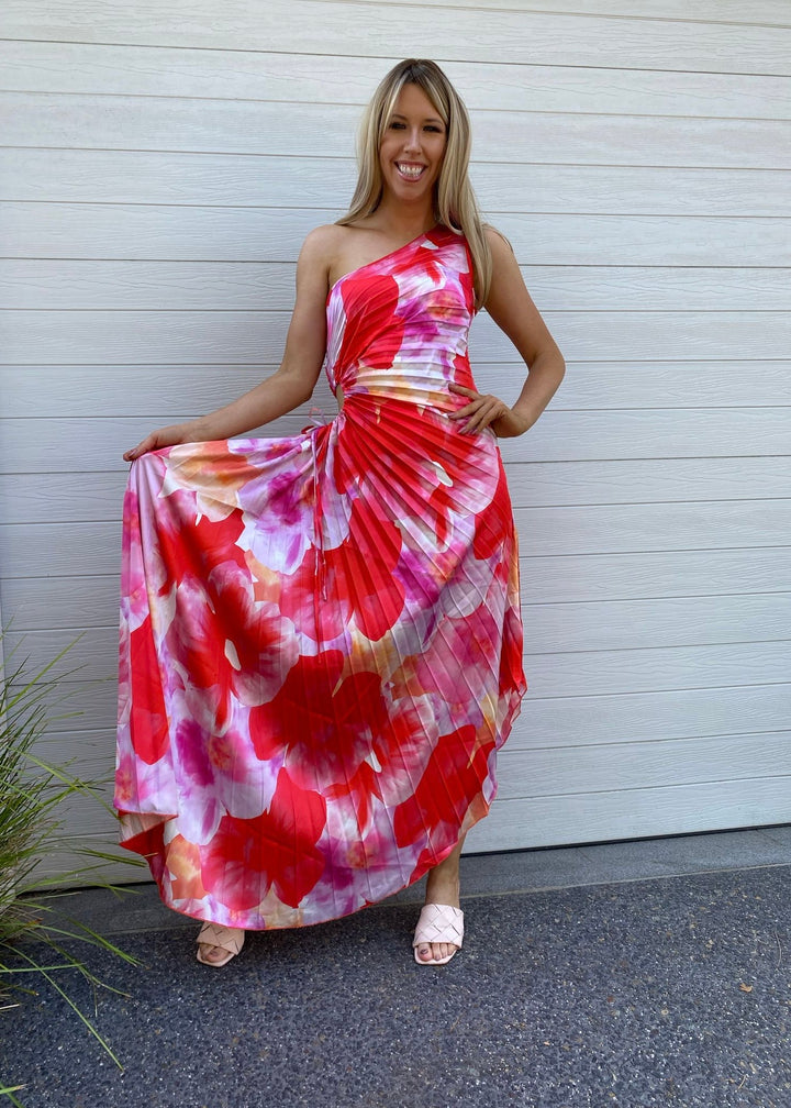 Camelia pleat dress - Pink and red floral print