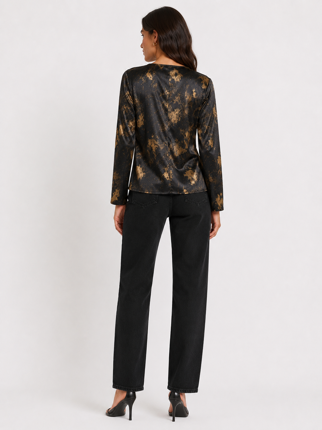 Printed Wrap Blouse with Side Tie — Black