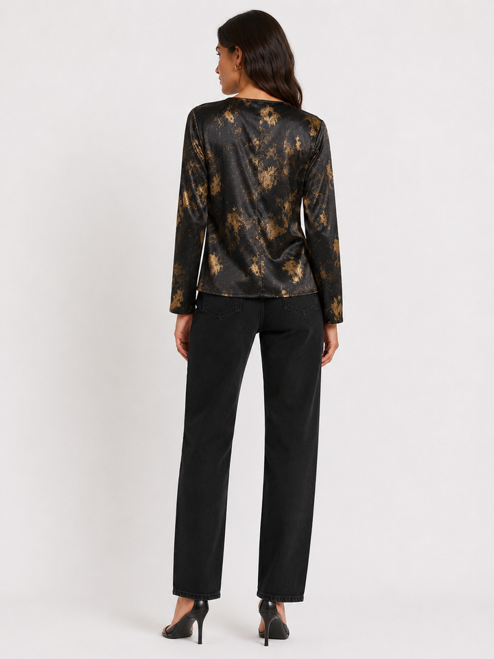Printed Wrap Blouse with Side Tie — Black