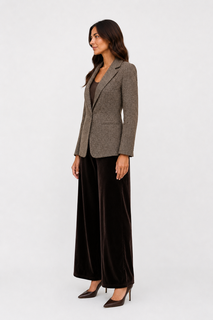 Single-Button Tweed Blazer — Mocha