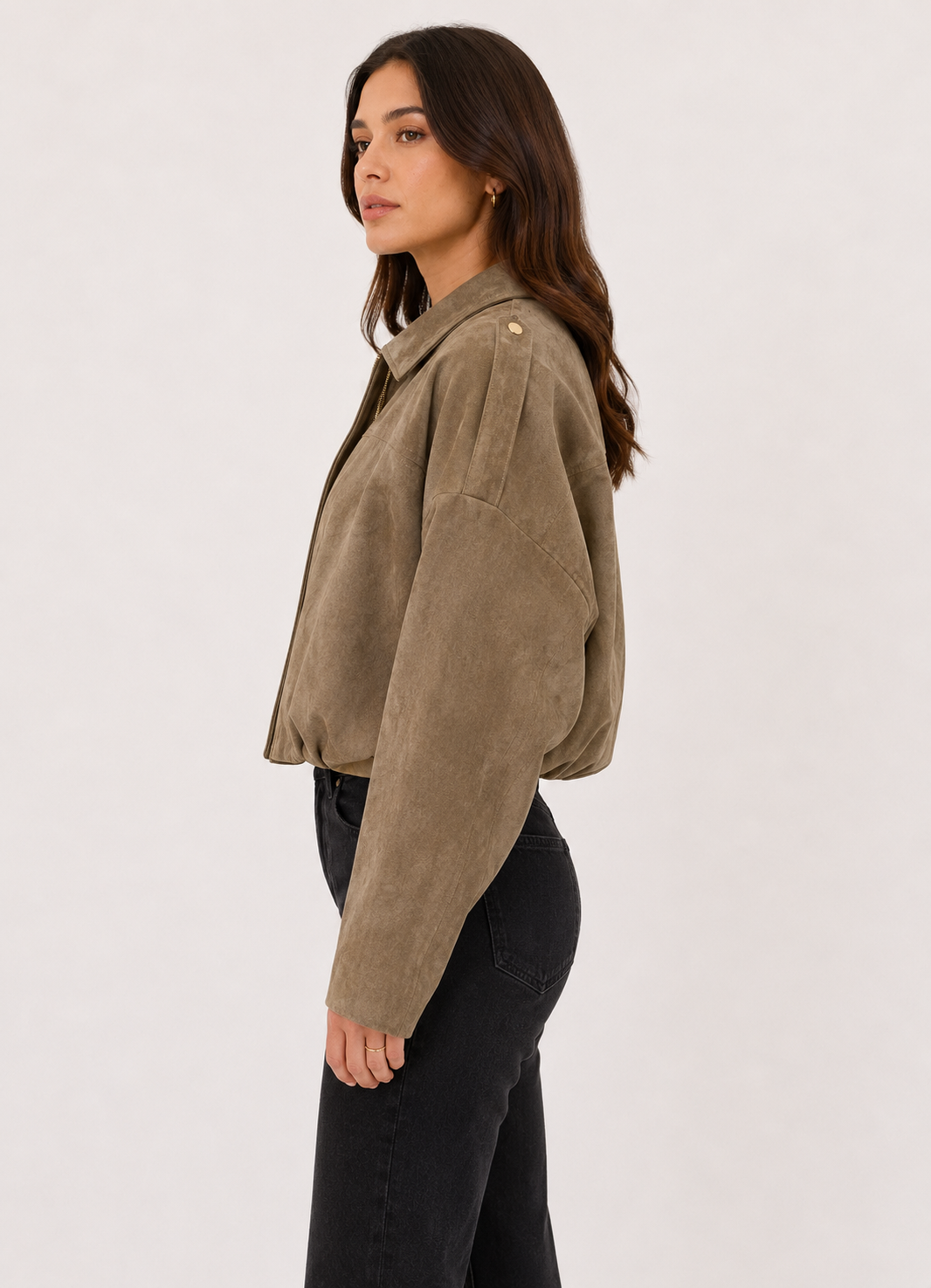 Cropped Suede Shacket — Beige