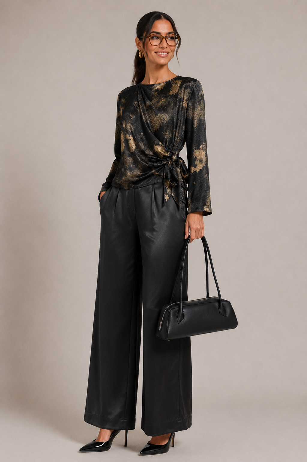 Printed Wrap Blouse with Side Tie — Black
