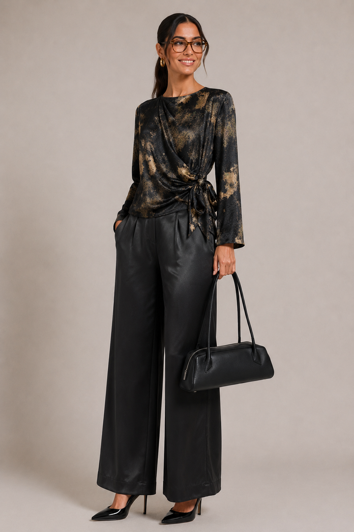Printed Wrap Blouse with Side Tie — Black