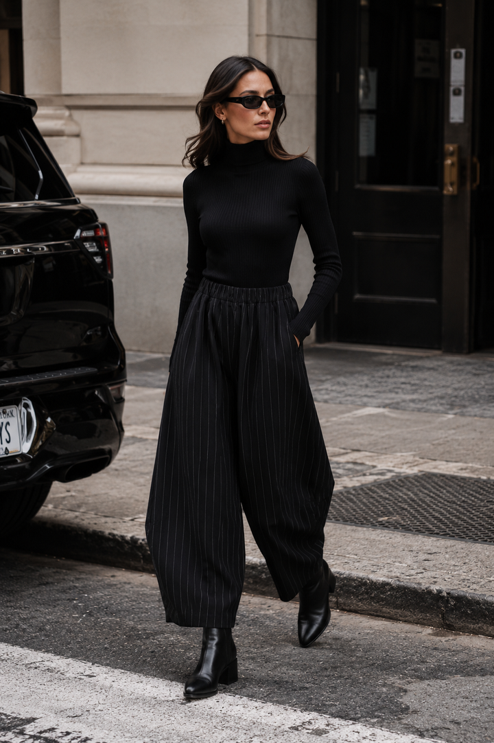 Pinstripe Strapless Peplum Set — Black
