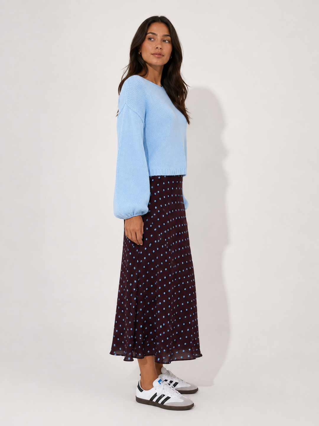 Polka Dot Bias-Cut Midi Skirt — Plum