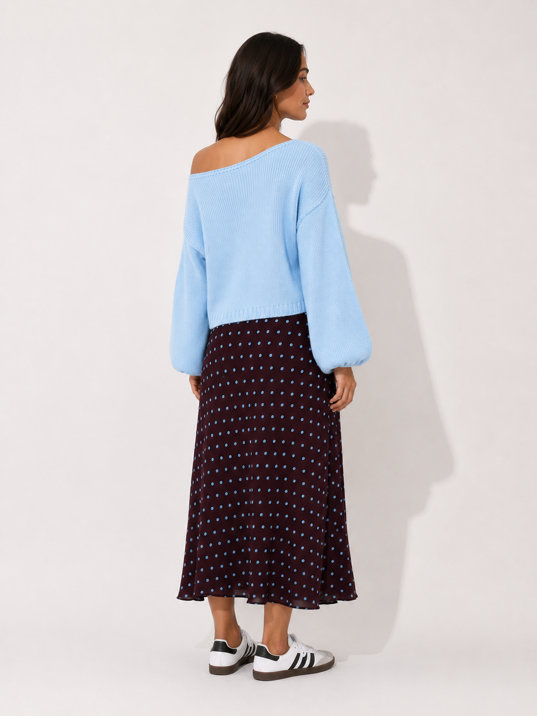 Polka Dot Bias-Cut Midi Skirt — Plum