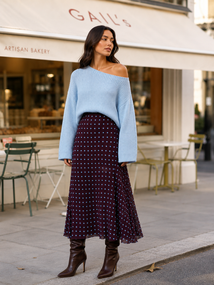 Polka Dot Bias-Cut Midi Skirt — Plum