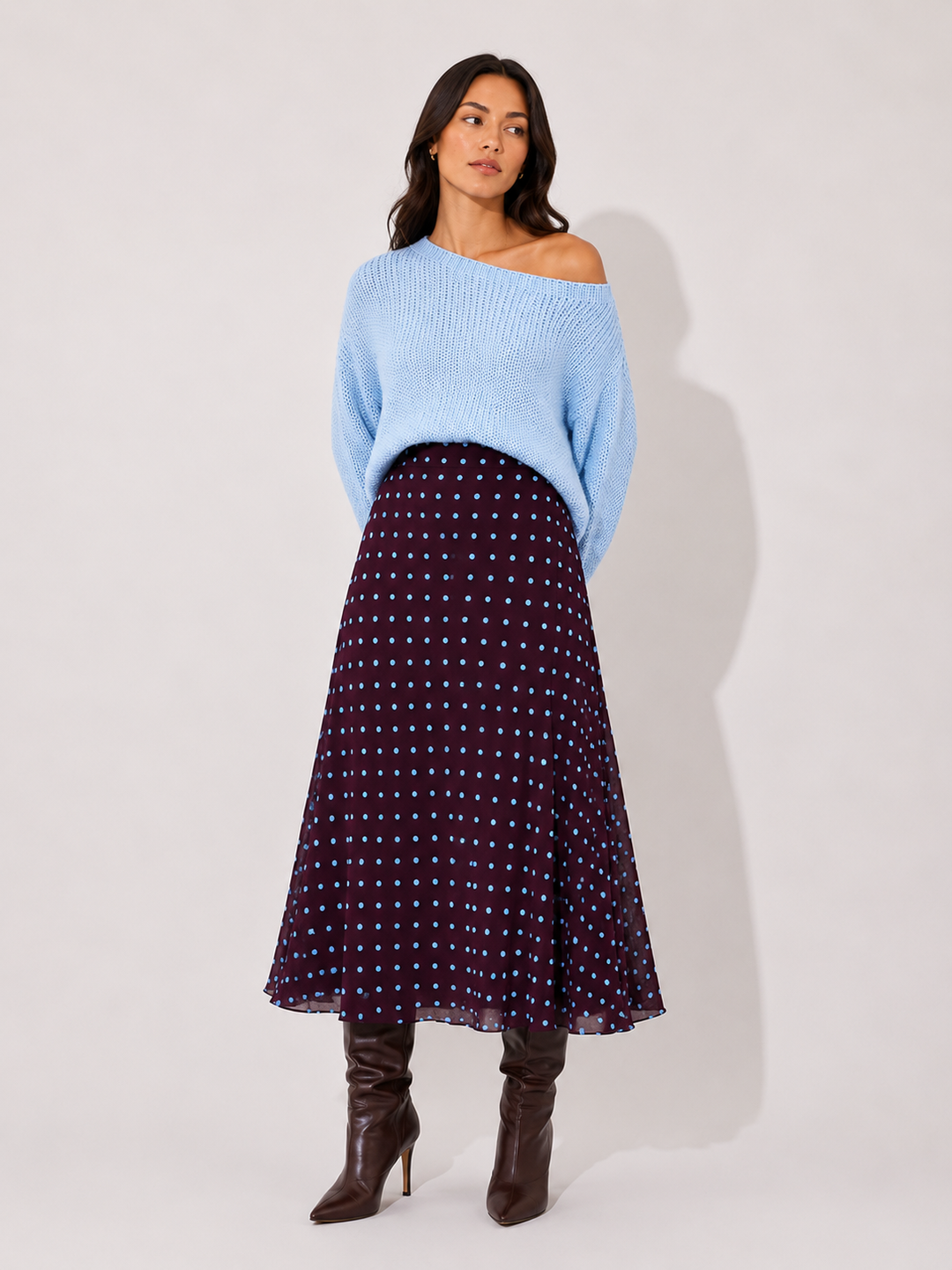 Polka Dot Bias-Cut Midi Skirt — Plum