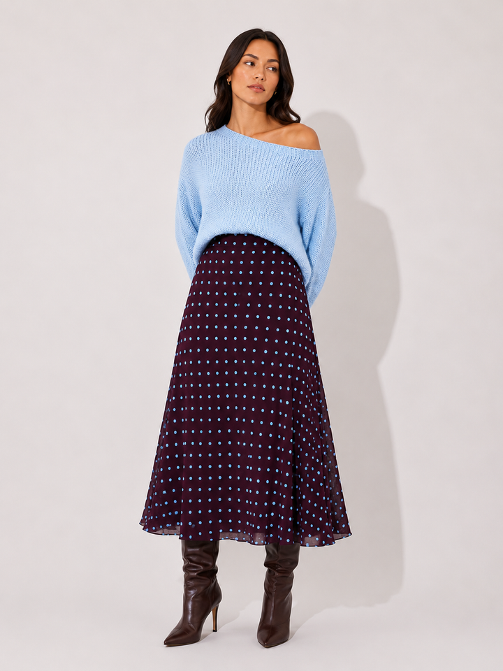 Polka Dot Bias-Cut Midi Skirt — Plum
