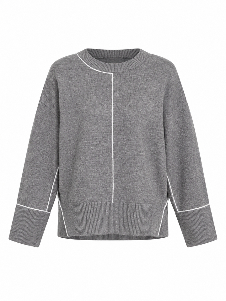 Oversized Crew Neck Sweater with Contrast Piping — Grey Marl