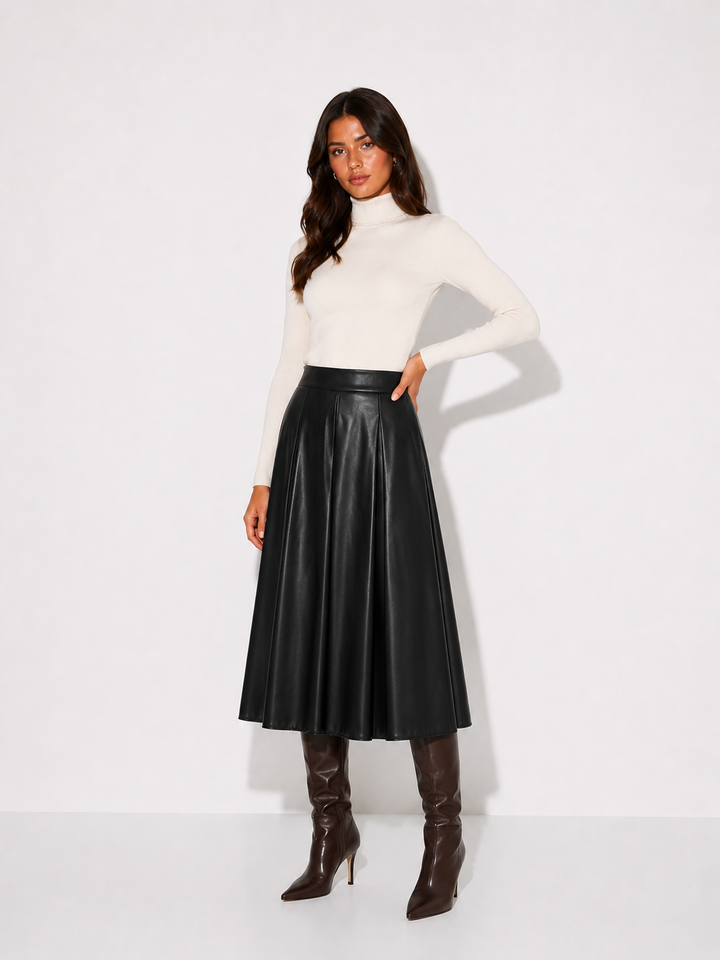 Faux Leather A-Line Midi Skirt — Black