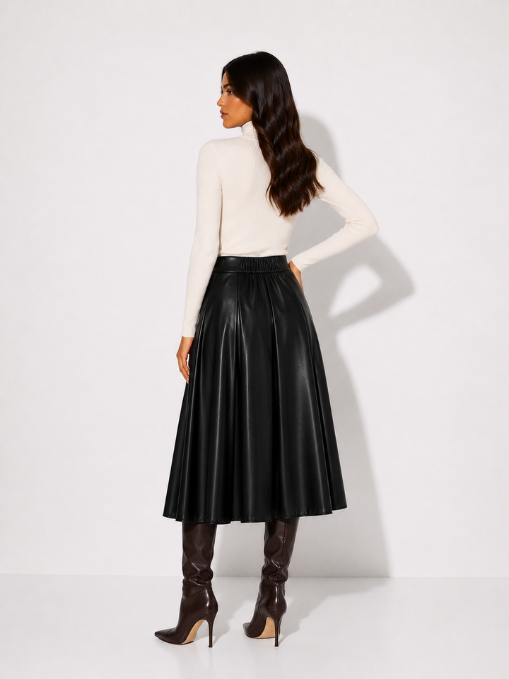Faux Leather A-Line Midi Skirt — Black