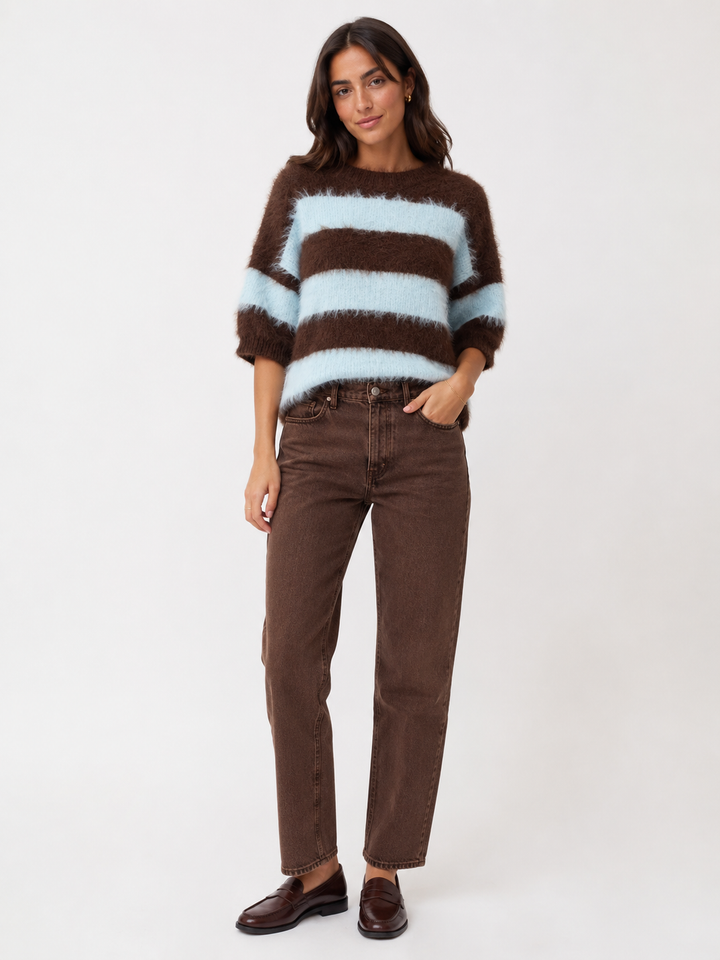 Fuzzy Striped Short-Sleeve Sweater — Pink