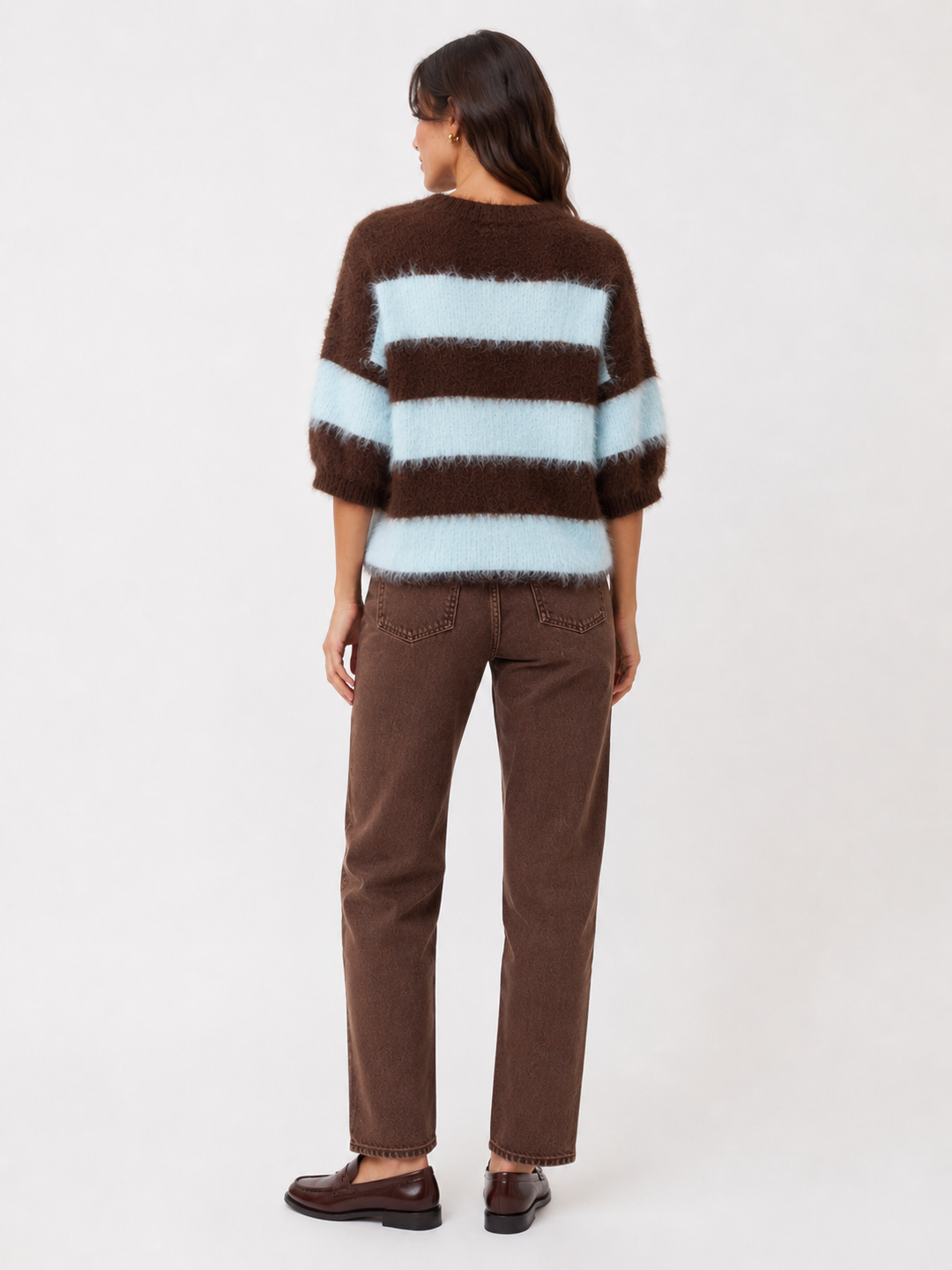 Fuzzy Striped Short-Sleeve Sweater — Pink
