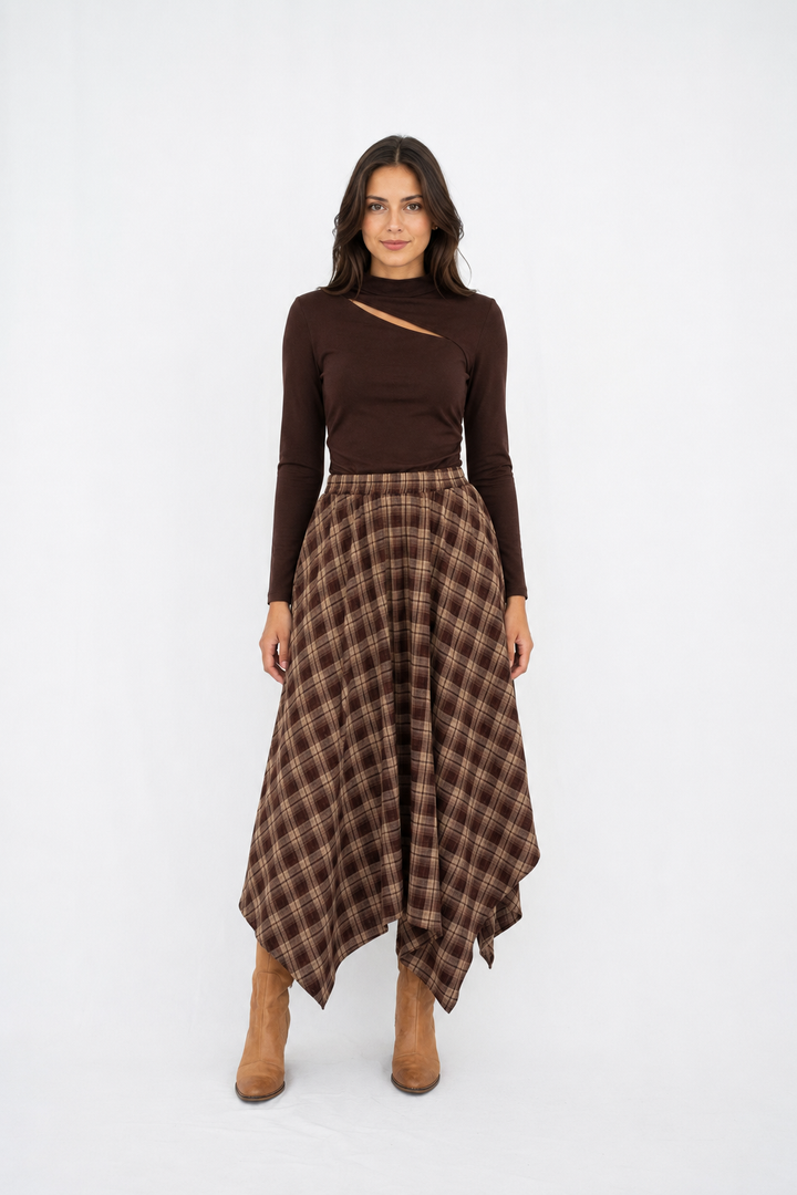 Plaid Check Midi Skirt — Brown