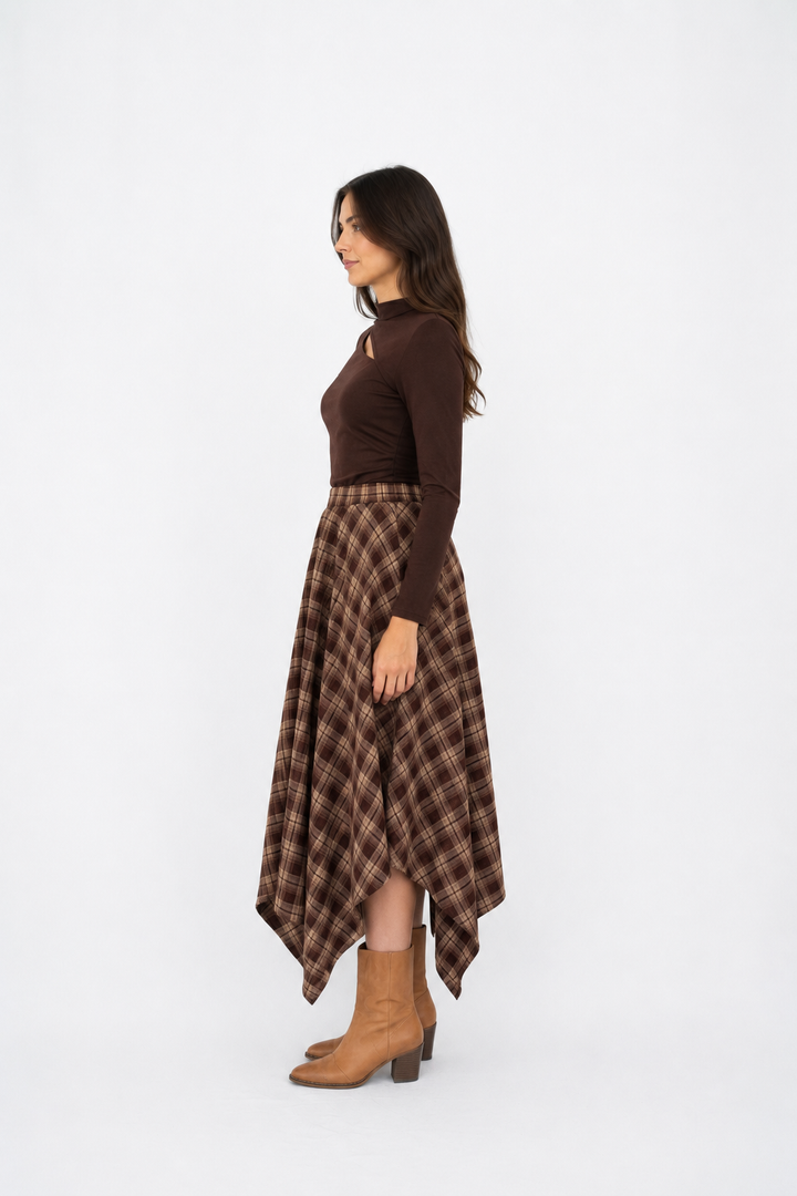 Plaid Check Midi Skirt — Brown