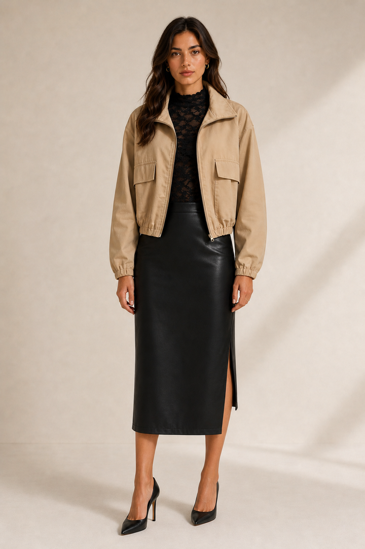 Faux Leather Pencil Midi Skirt — Black