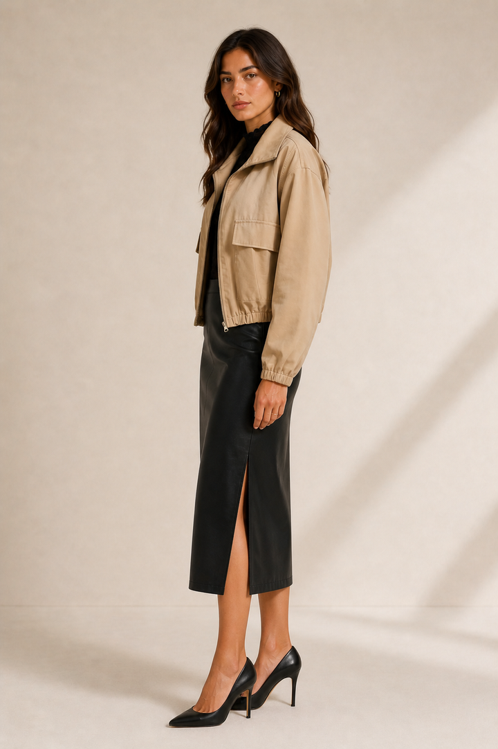 Faux Leather Pencil Midi Skirt — Black