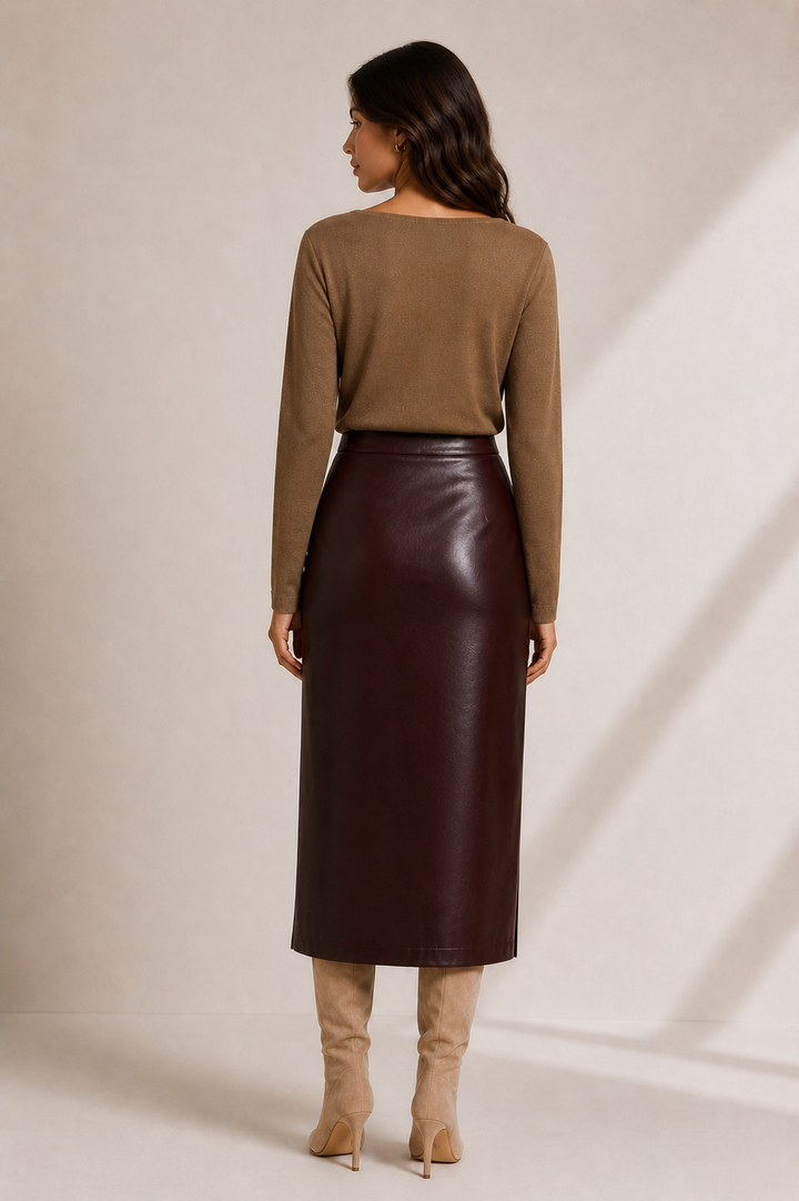 Faux Leather Pencil Midi Skirt — Chocolate