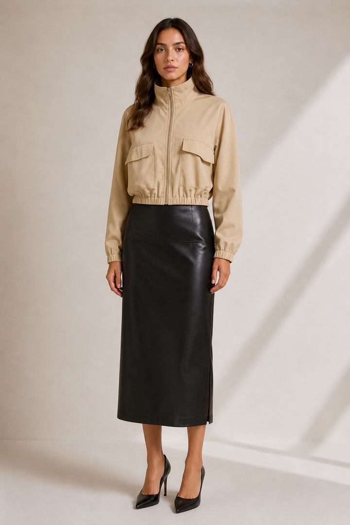 Faux Leather Pencil Midi Skirt — Black